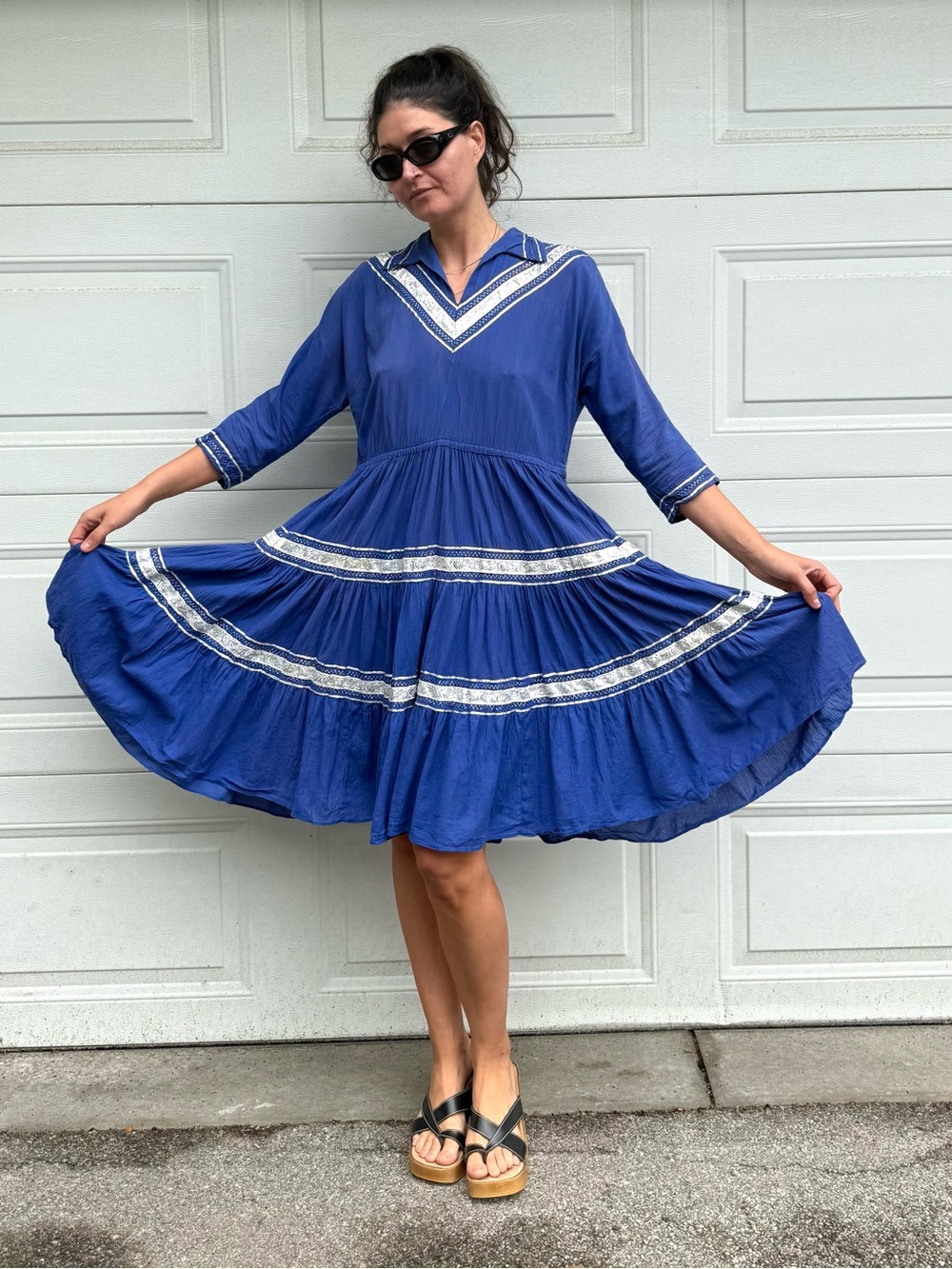 Vintage Blue & Silver Square Dance Dress Country Western Full Circle Skirt L/XL